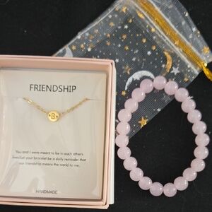 Gold "B" Necklace and Pink Friendship Bracelet Set
